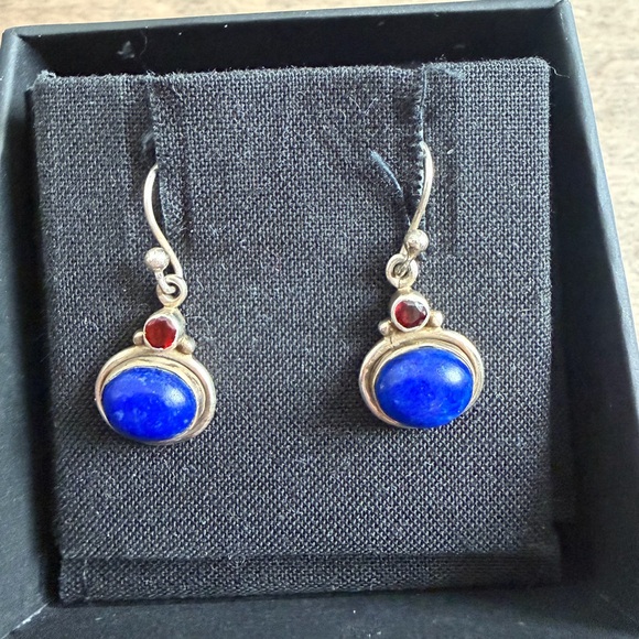 925 Sterling Silver Jewelry - Sterling Silver Lapis Lazuli and Garnet Earrings